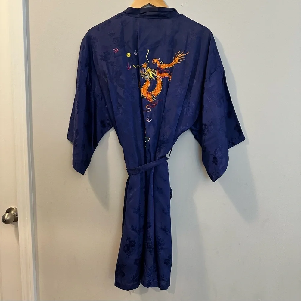 Vintage Golden Bee Silk Blue Rayon Embroidered Dragon Kimono Robe Women’s XL